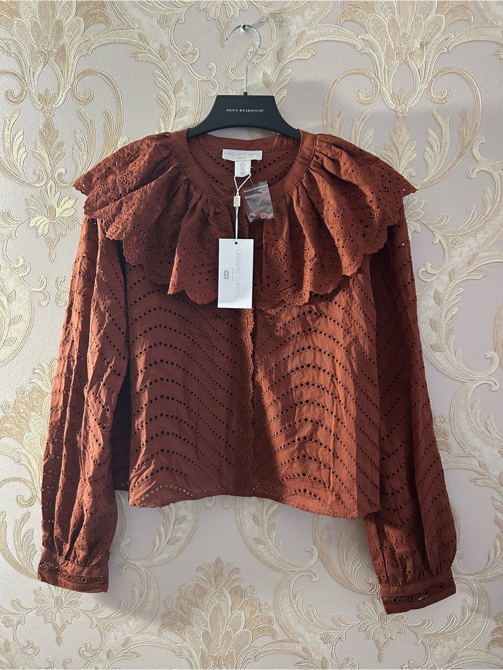 NWT Caroline Constas Rust Orange Eyelet Lace Ruffle Collar Blouse Top size Large